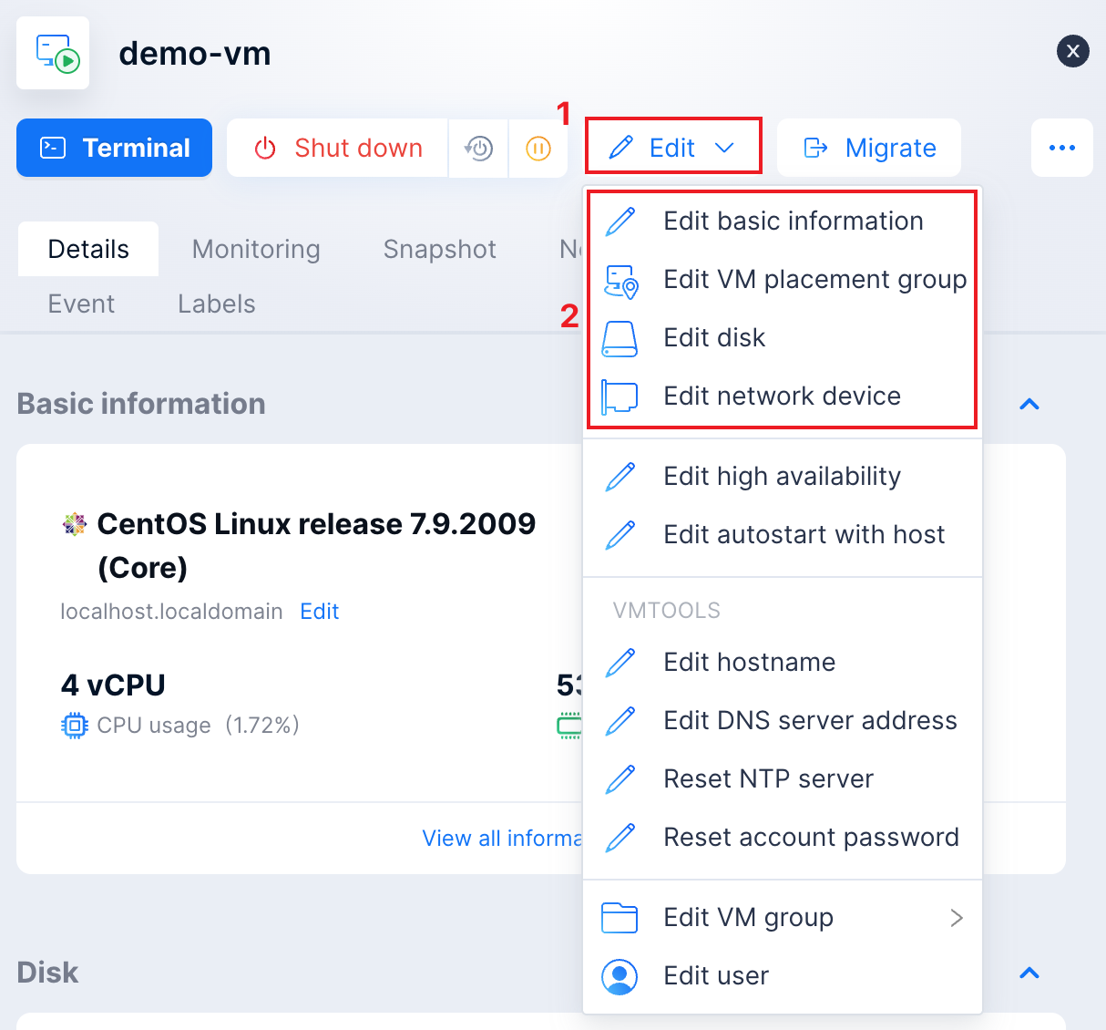 Edit VM resources | quick start guide | Arcfra Docs