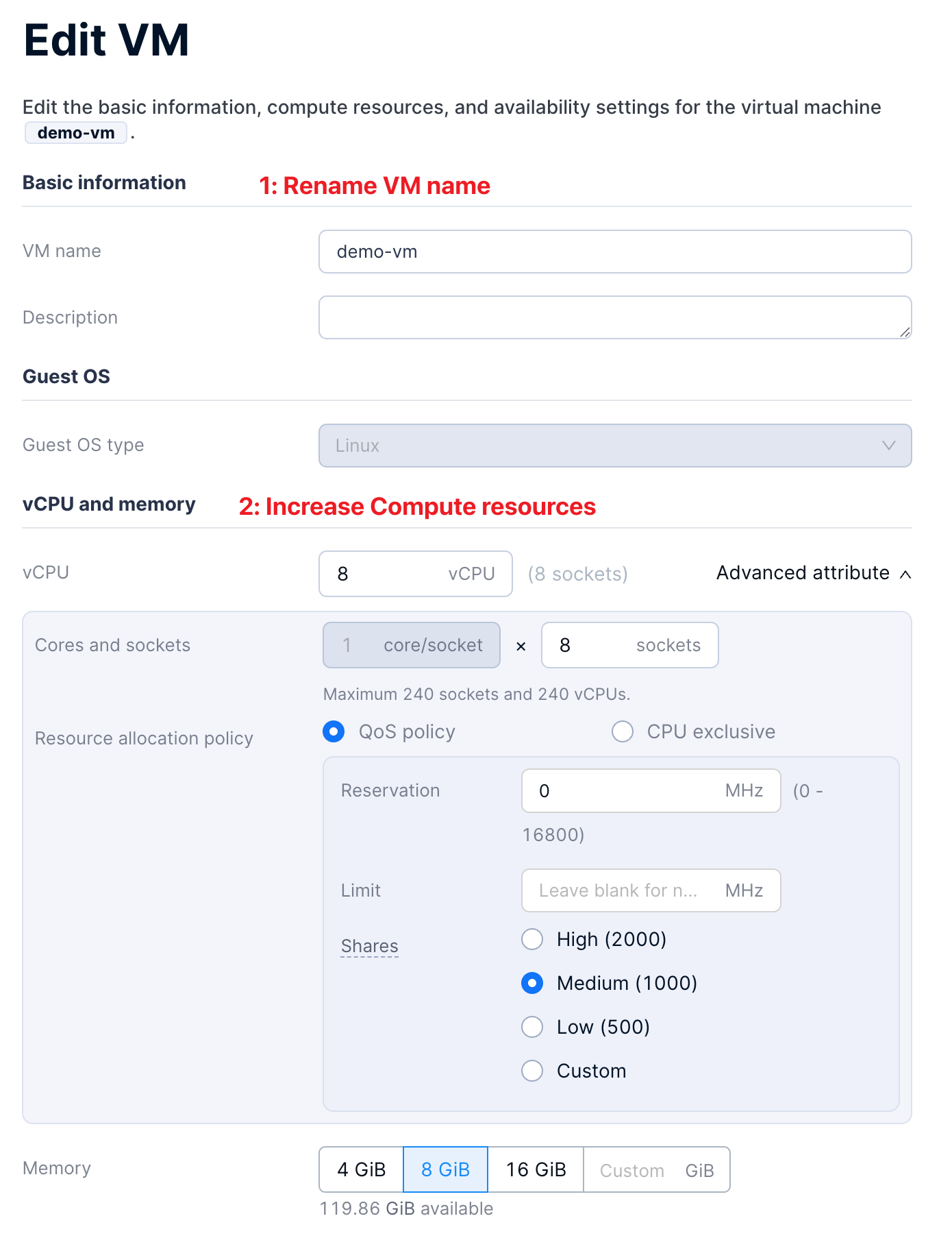 Edit VM resources | quick start guide | Arcfra Docs